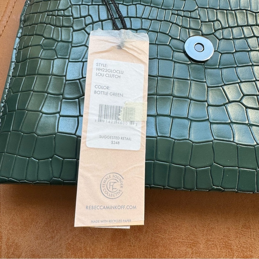 REBECCA MINKOFF LOU CROC EMBOSSED CLUTCH BOTTLE GREEN W GUNMETAL HARDWARE NWT - Picture 10 of 12
